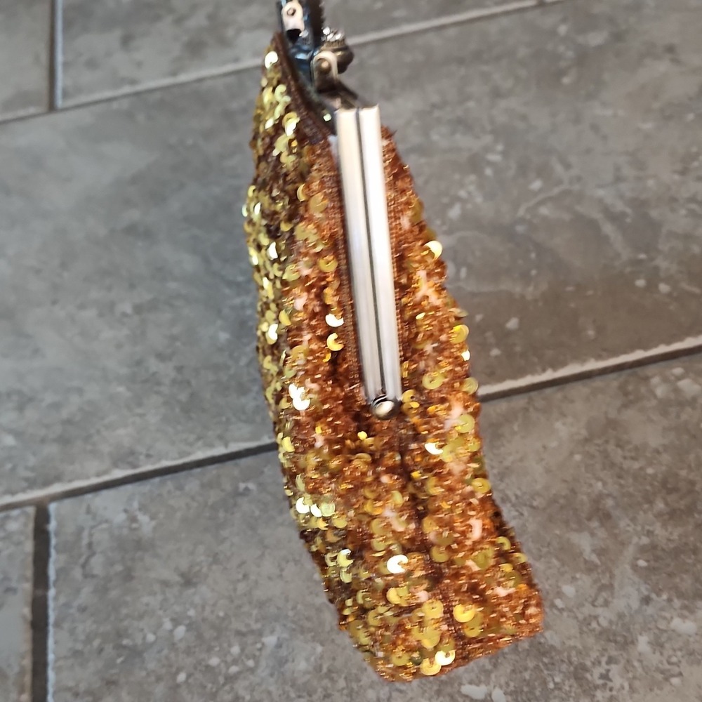 Vintage Gold Sequin Top Handle Clutch Kiss Lock Lined Silver Hardware Women j - Picture 7 of 8